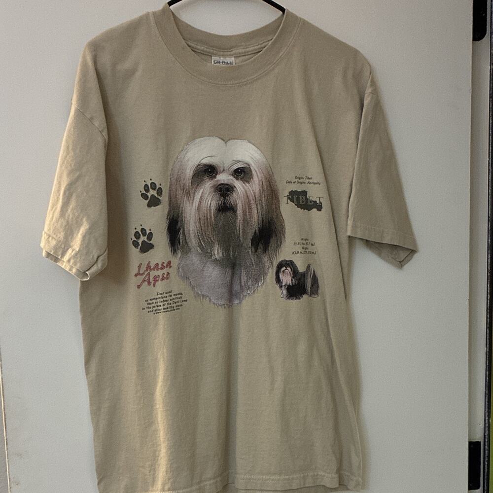 Vintage Y2K Lhasa Apso Dog Breed T Shirt Mens L Tan Tibet History Graphic Tee